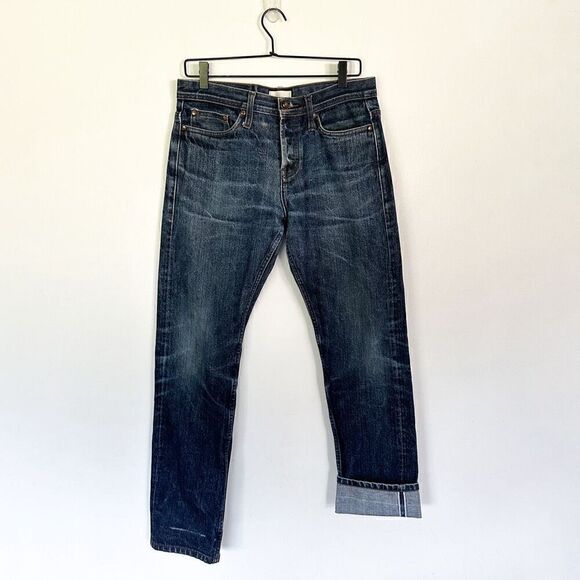 The Unbranded Brand Men’s Distressed Selvedge Buttonfly Tappered Leg Dark Wash J - Picture 2 of 16